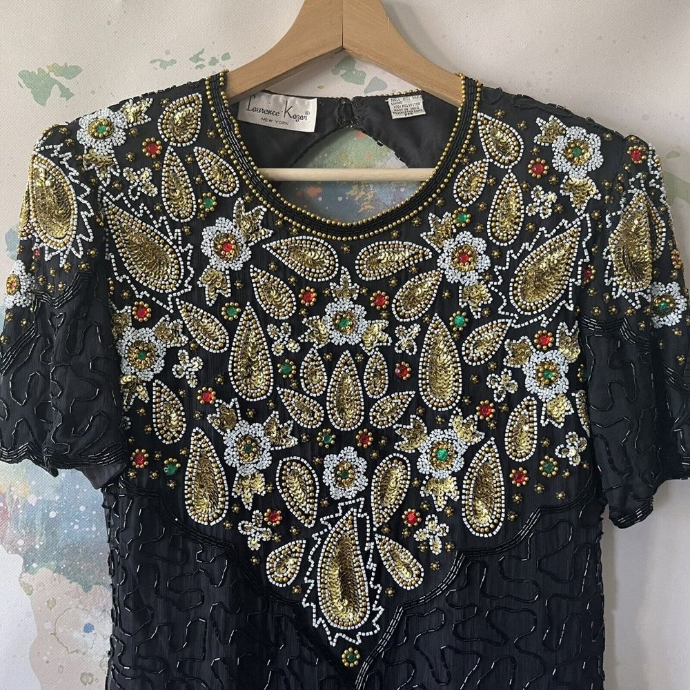 Laurence Kazar Petite Medium Dress Beaded Sequin Silk‎ Multi Black Short Sleeve - Picture 2 of 9